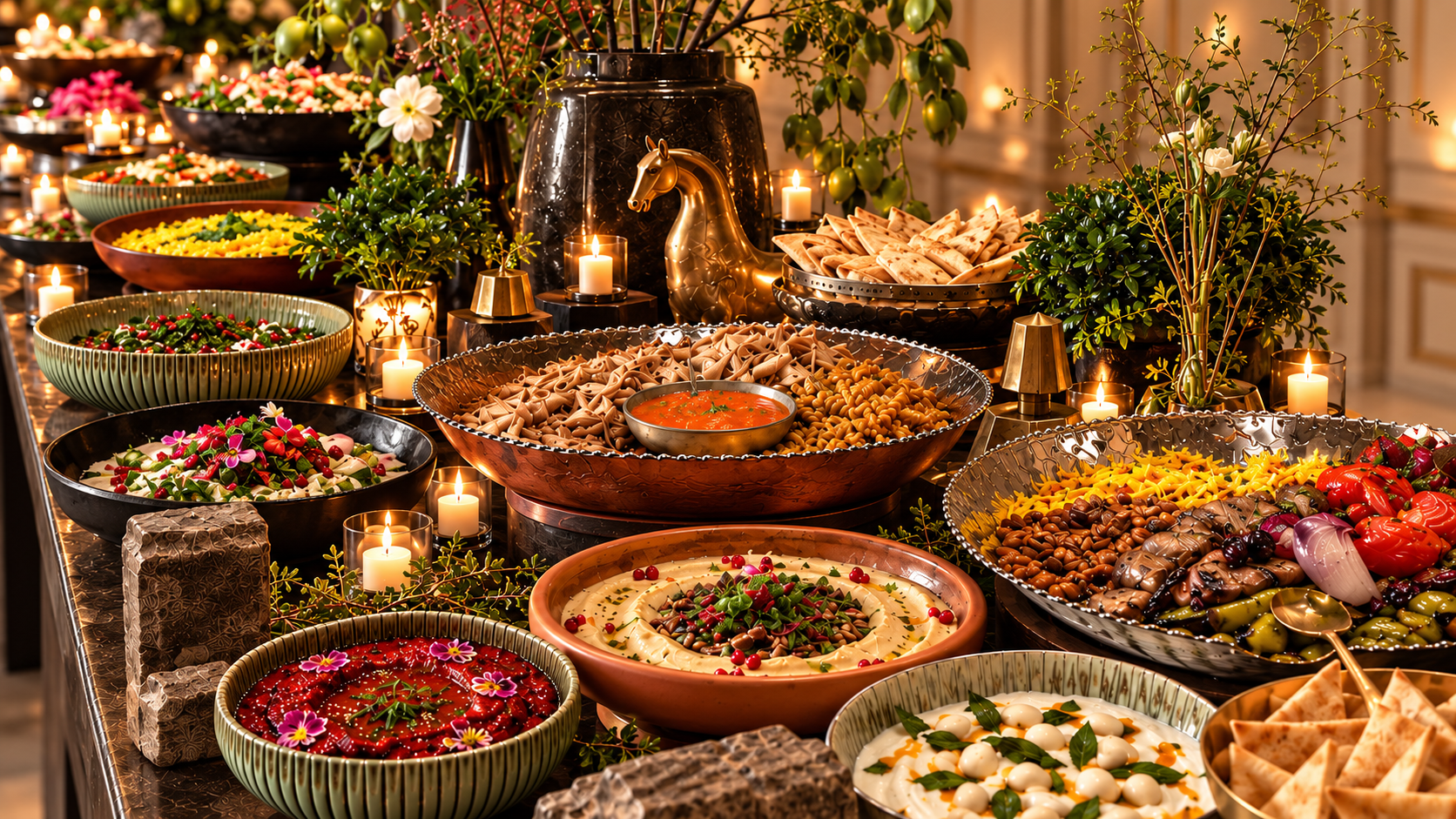Candlelit Mediterranean buffet with elegant golden decor