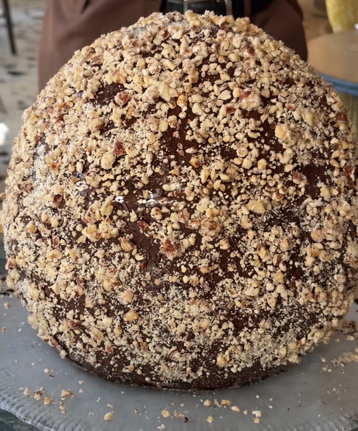 Chocolate-covered gelato ball with crushed nuts