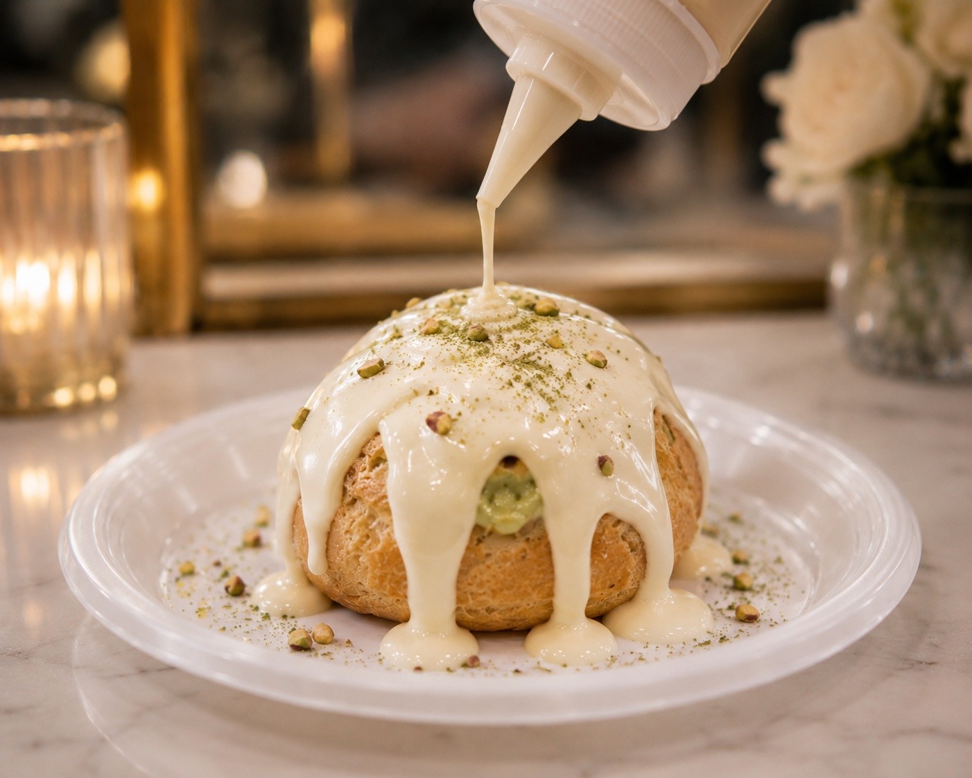 Pistachio cream puff with white chocolate sauce