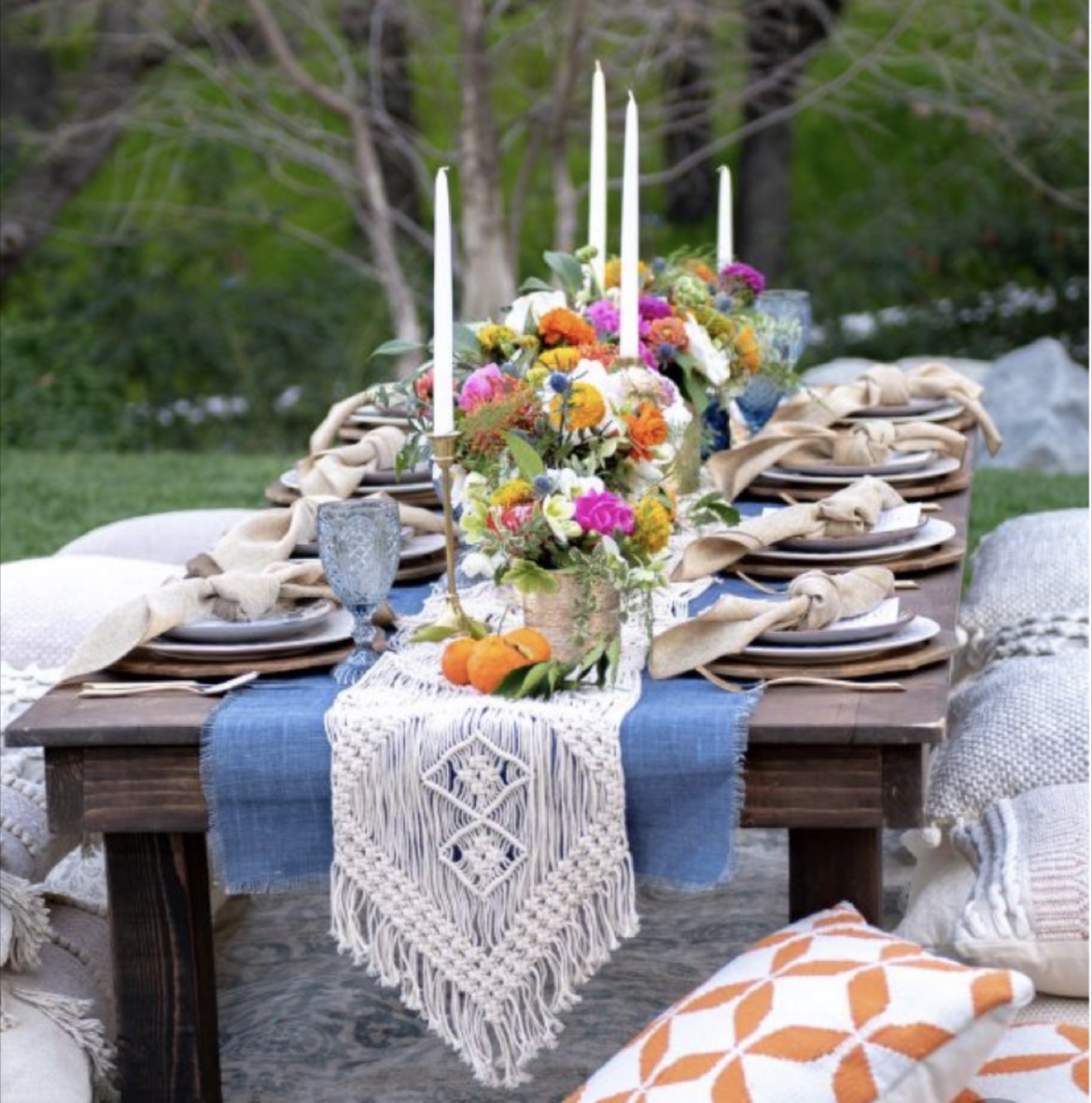 Floral garden table with relaxed cushion seating
