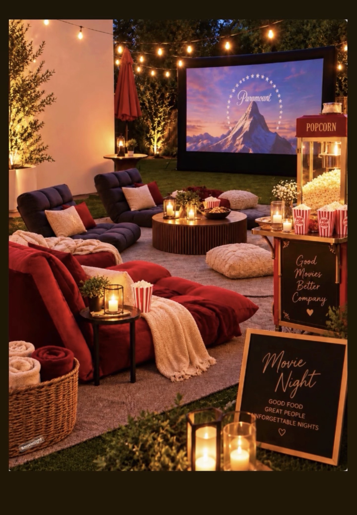 Cozy outdoor cinema with lounge seating