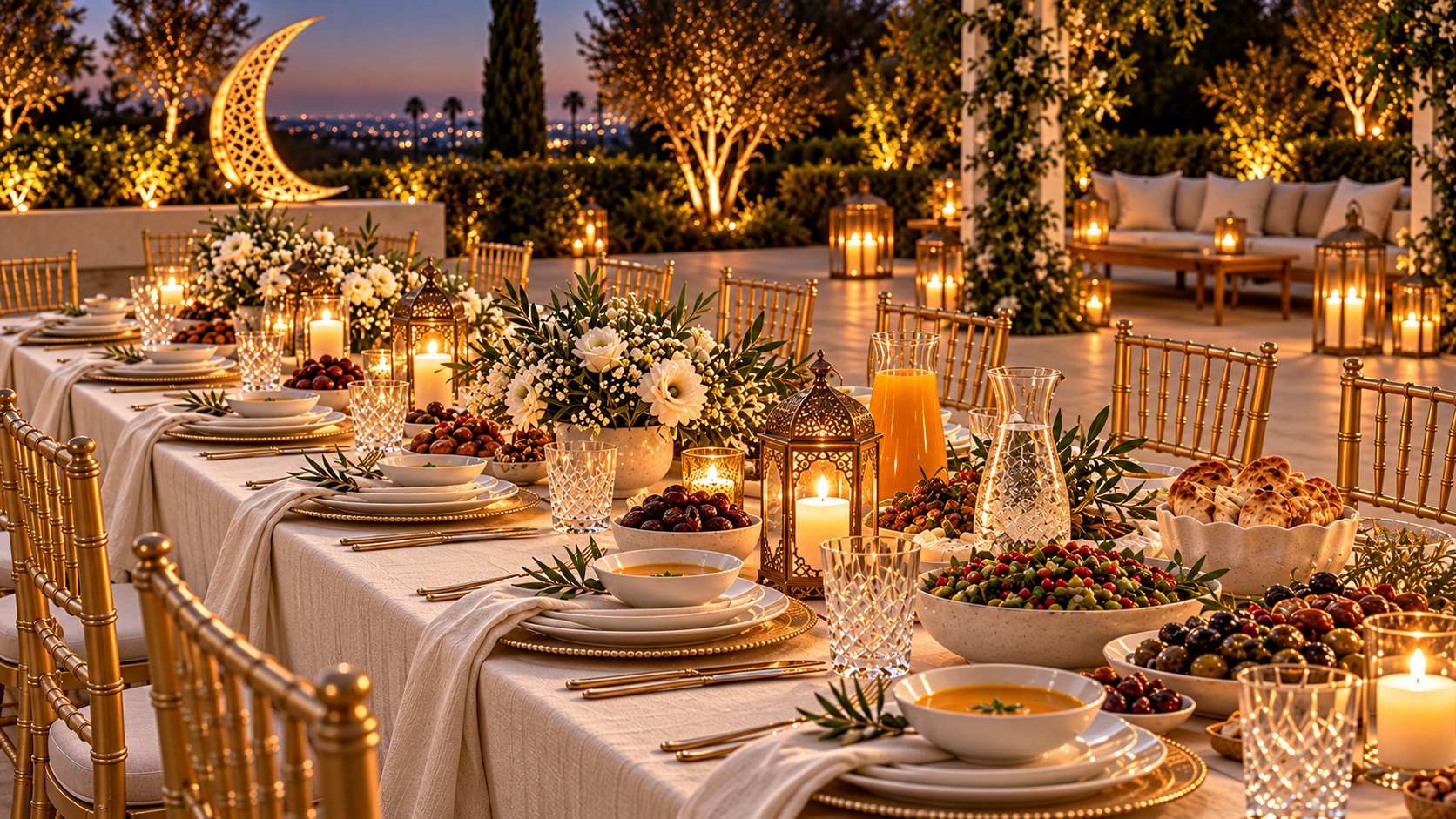 Beautifully styled garden dinner with candlelight