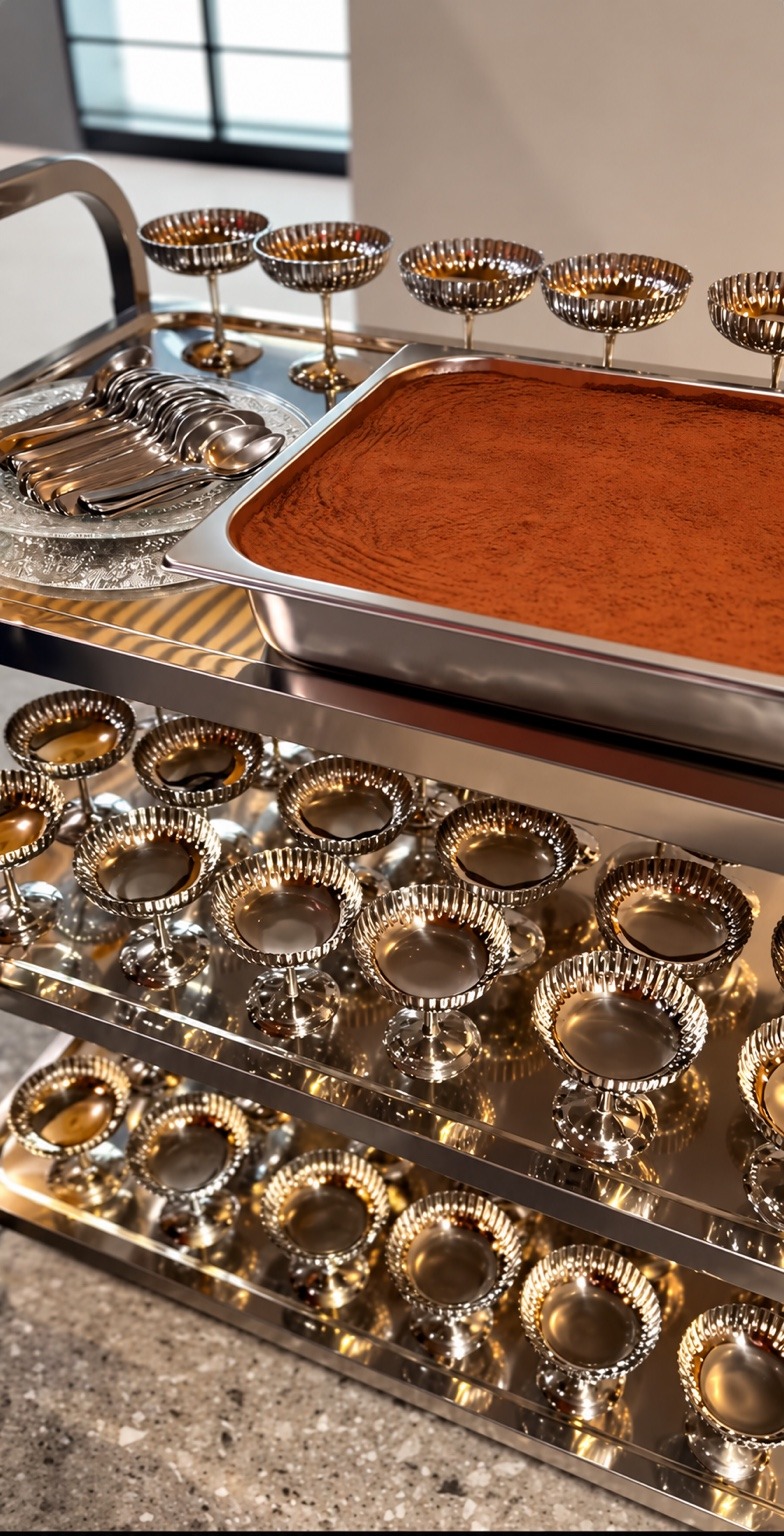 Tiramisu station with silver dessert bowls